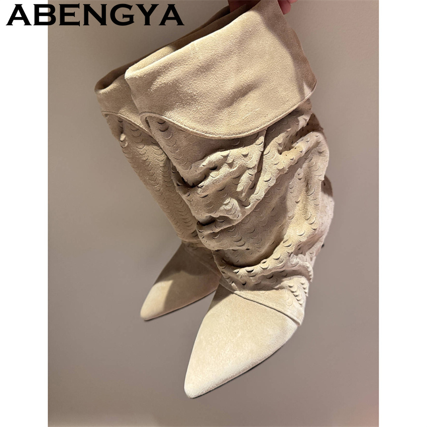 Ethnic Fashion Women - レディースミッドカーフショートブーツ 2026冬新作 ポインテッドトゥ ウェスタンファッション スタックブーツ キトゥンヒール