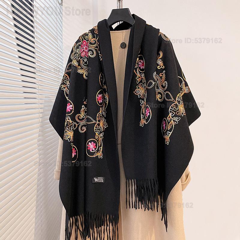 Go Ethnic Fashion - 女性用ヴィンテージエスニック刺繍タッセル付きパシュミナショール、大型暖かい冬用ケープブランケットスカーフ、アウトドア旅行用