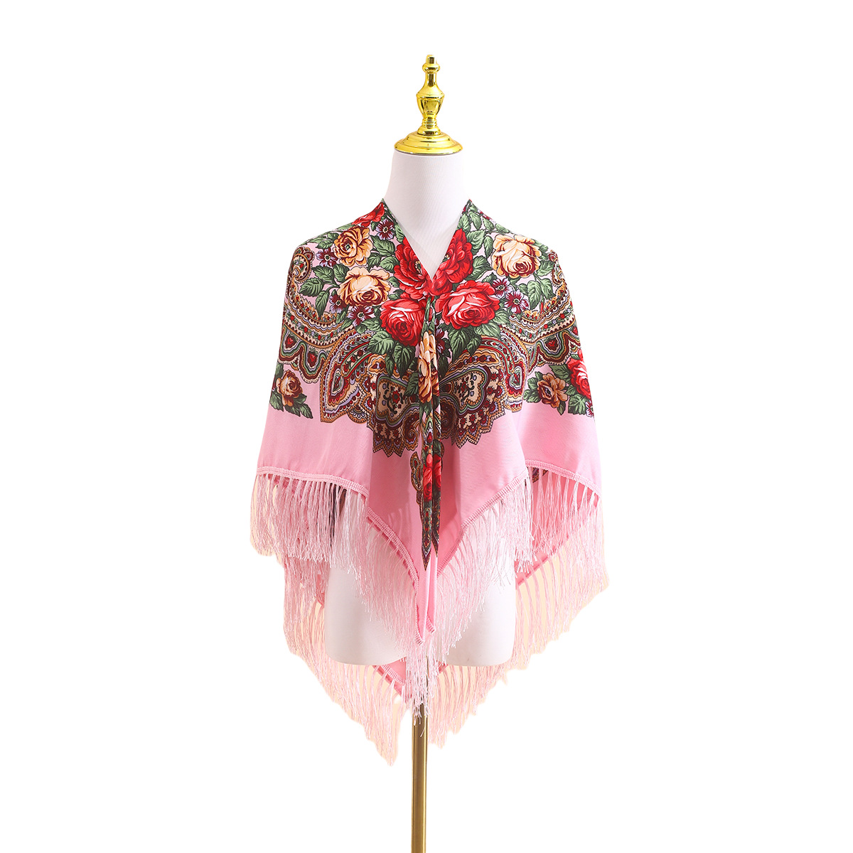 Go Ethnic Fashion - 110cm ロシア民族風ショール 女性用、クラシックな正方形スカーフ、暖かく美しいマルチカラーラップ、ヴィンテージの伝統的なフリンジスカーフ